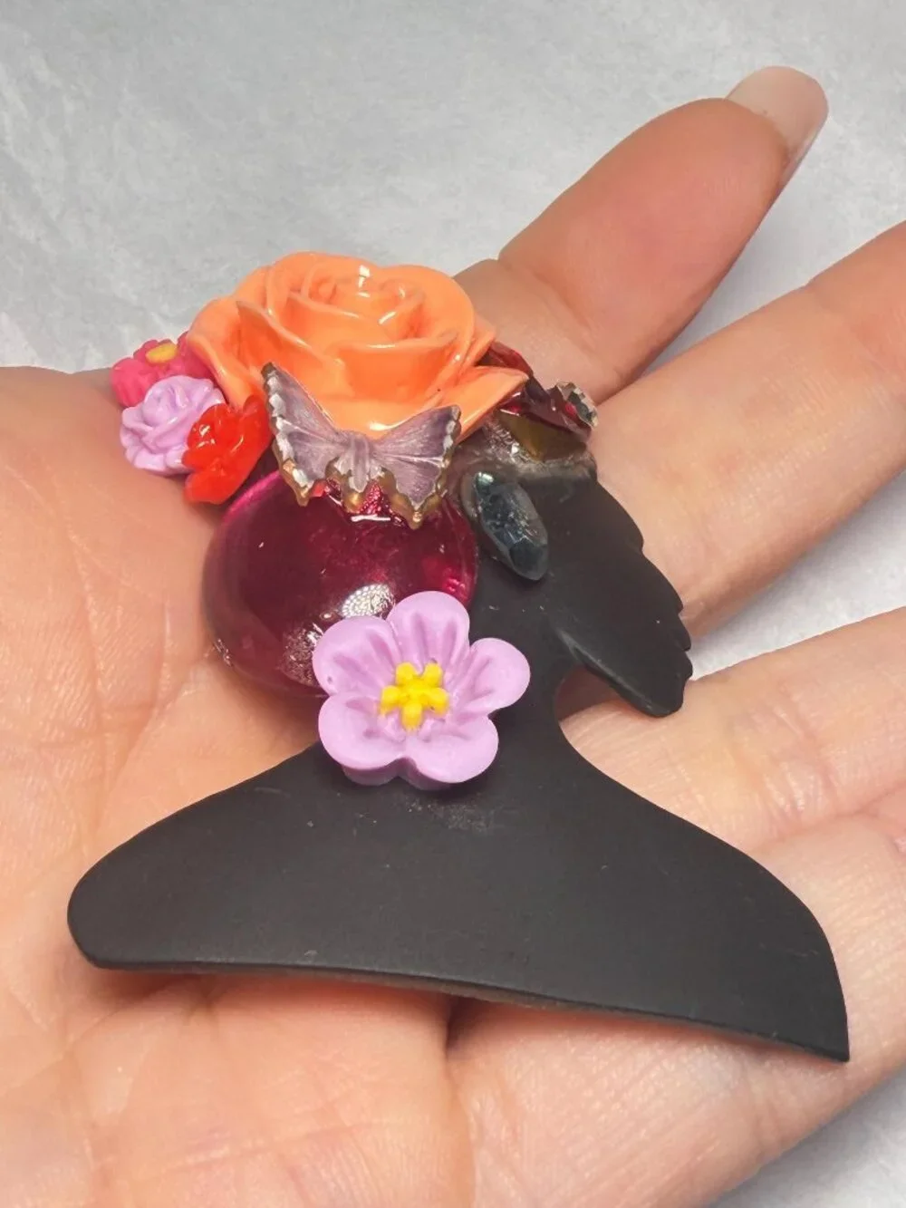 OOAK Lady Silhouette Brooch UltraCraft Upcycled Floral Butterfly Pin 2.25 inches